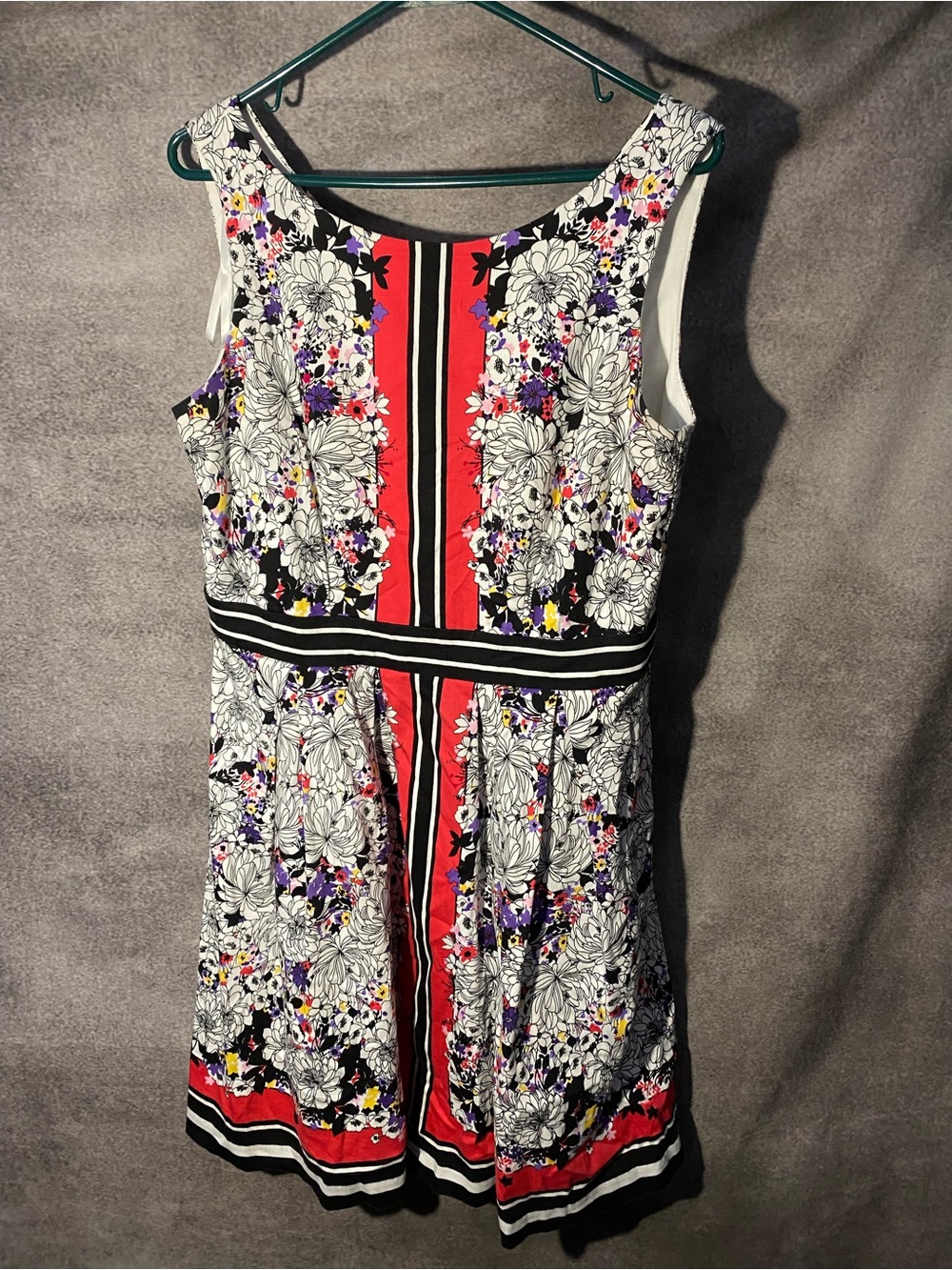 New York & Company Dress Womens 12 Floral Stripe A-Line Fit Flare Sleeveless Kne